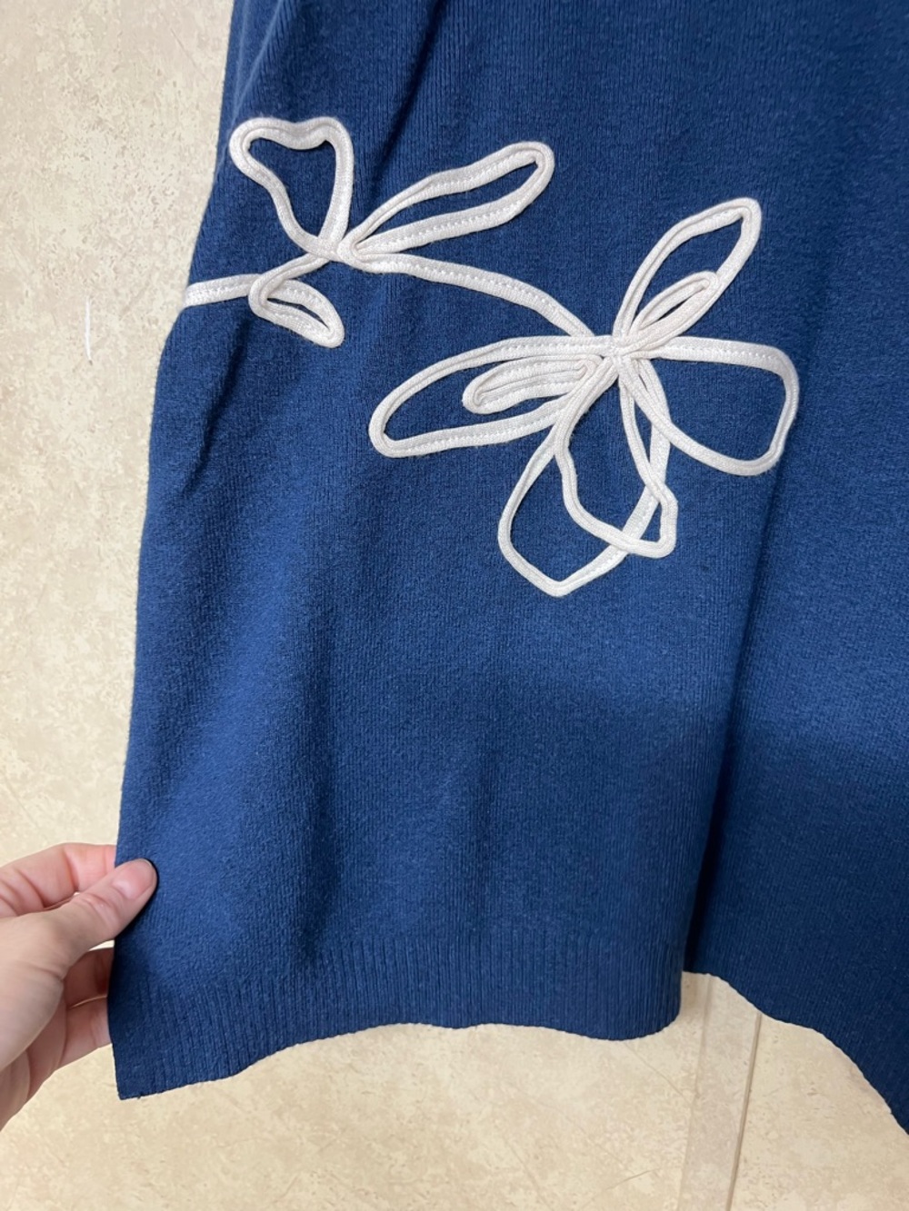 Chico's navy mock neck white floral embroidered long sleeve sweater - Picture 7 of 11